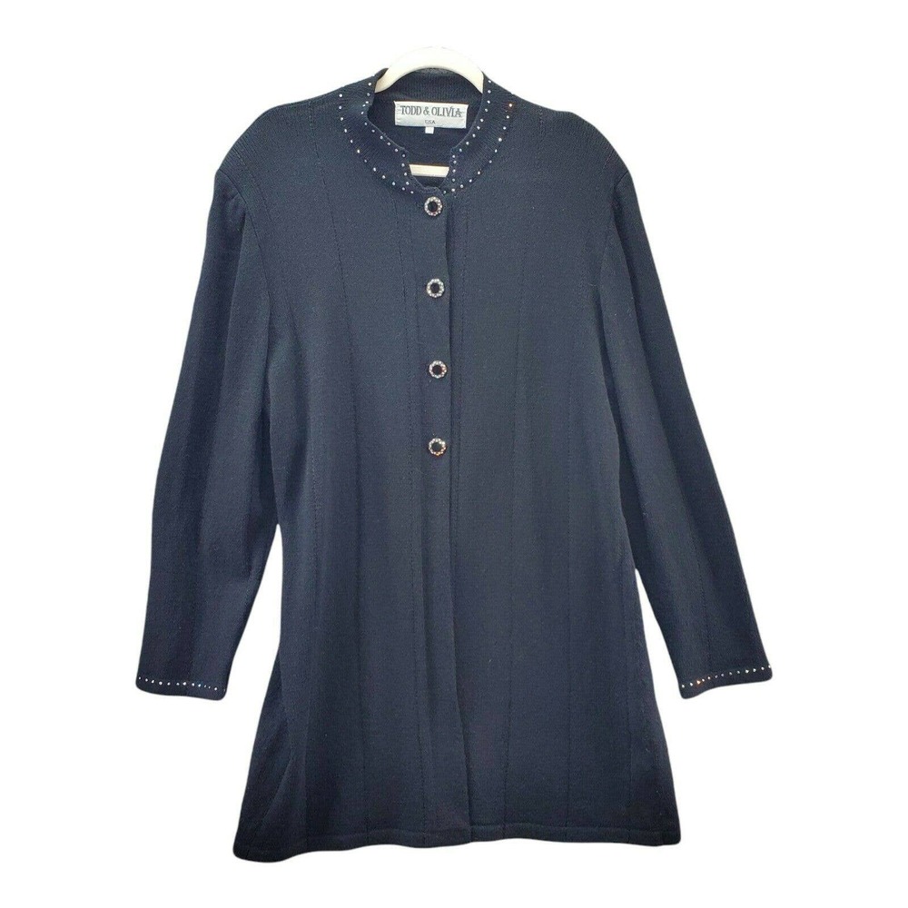 Todd & Olivia Cardigan Sweater SZ 16 Black Bling Long Wool Button Front Santana